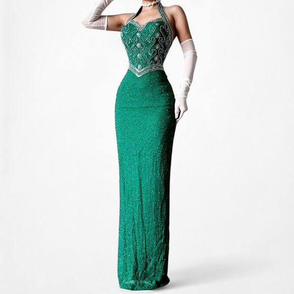 Vintage Green Beaded Halter Neck Bodycon Maxi Prom Dress Size XS/S - Picture 2 of 7